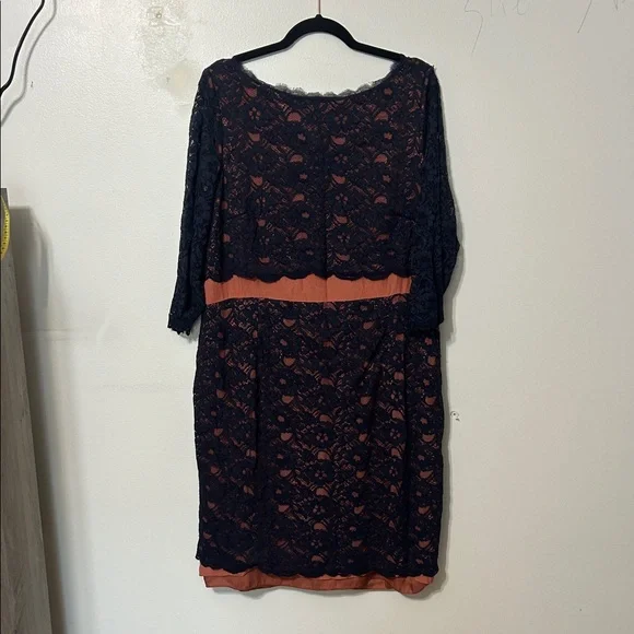 Boden Navy Lace Overlay Rust Satin Sheath Dress Size 12 - Picture 2 of 6